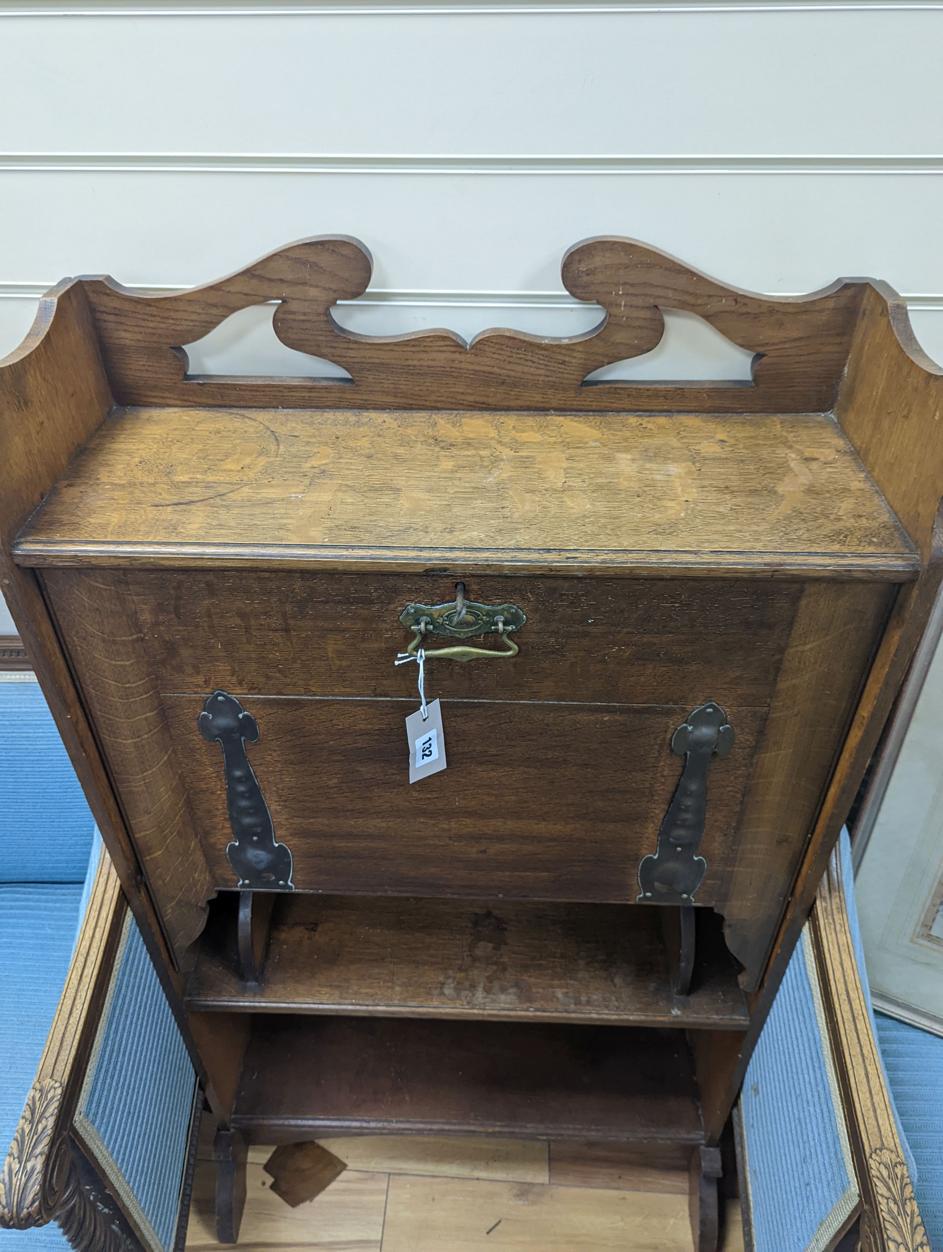 An Arts and Crafts copper mounted oak bureau, width 64cm, depth 24cm, height 120cm